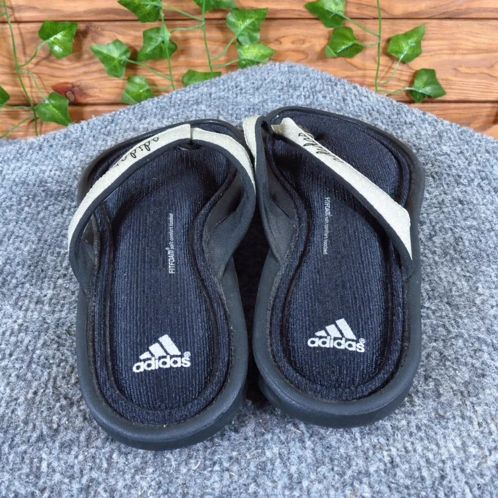 Adidas Chilwyanda Girls Sandal Sz 6 Casual Summer Flip Flop Black Silver Glitter